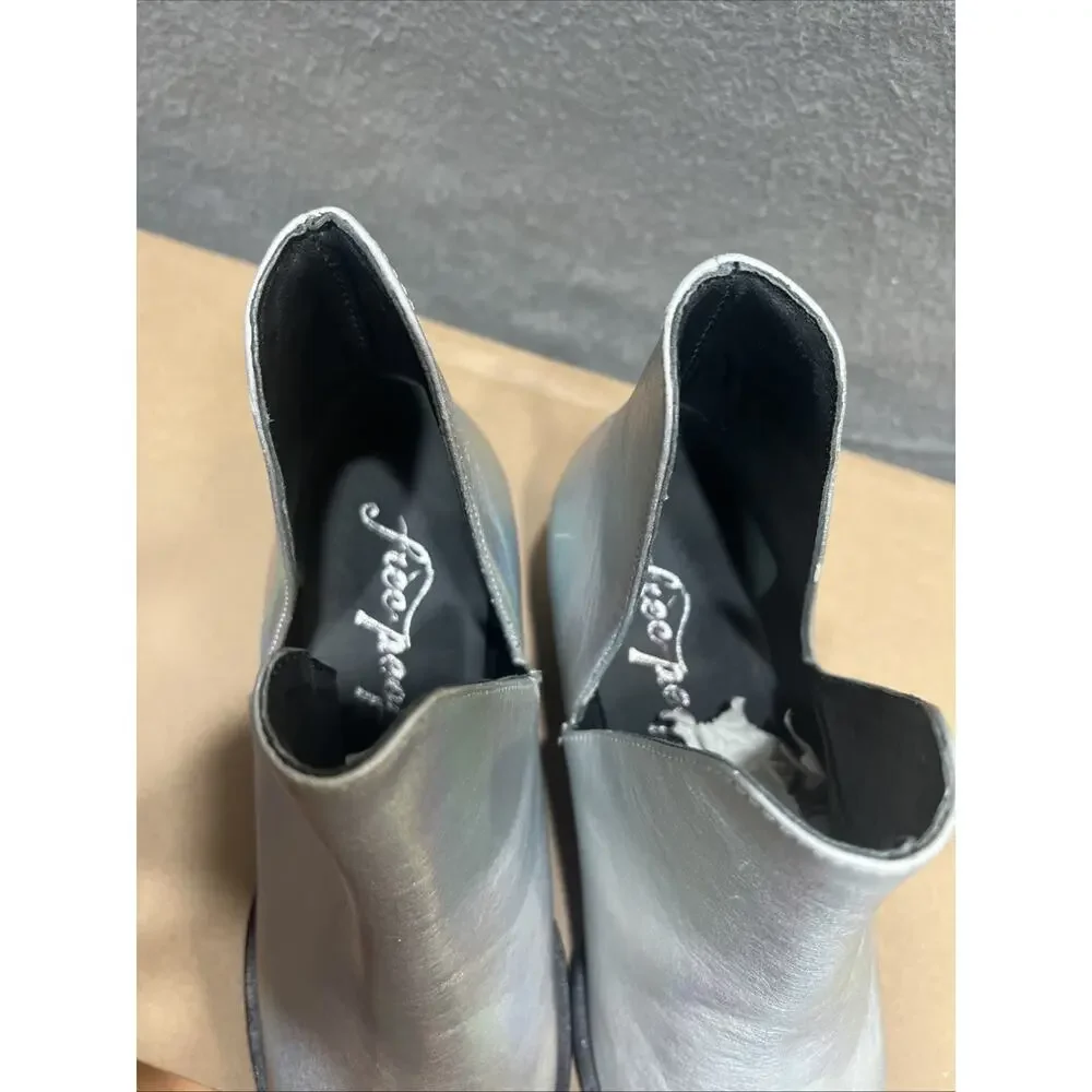 Free People Charm Double-V Ankle Booties Metallic Silver Leather Size 37